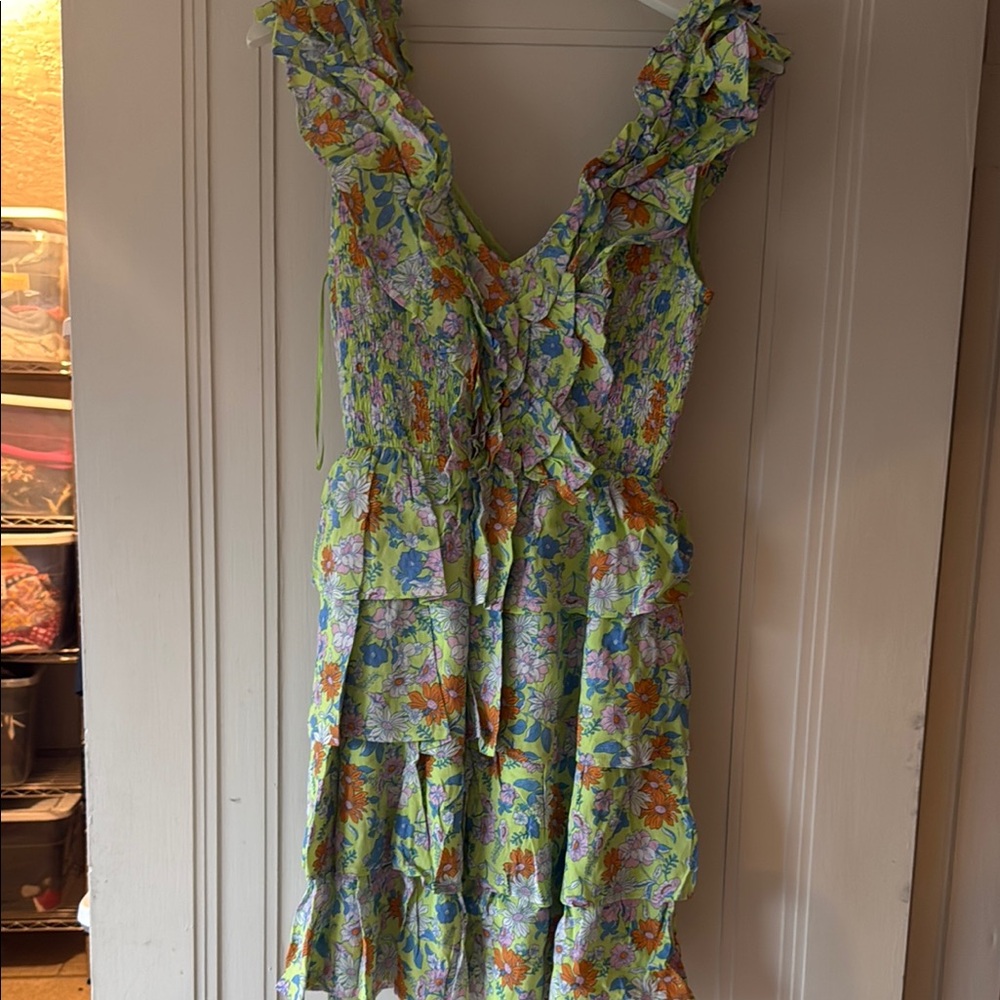 Karlie Green and Yellow Sundress with Ruffled Tiered Skirt and Flutter Sleeves